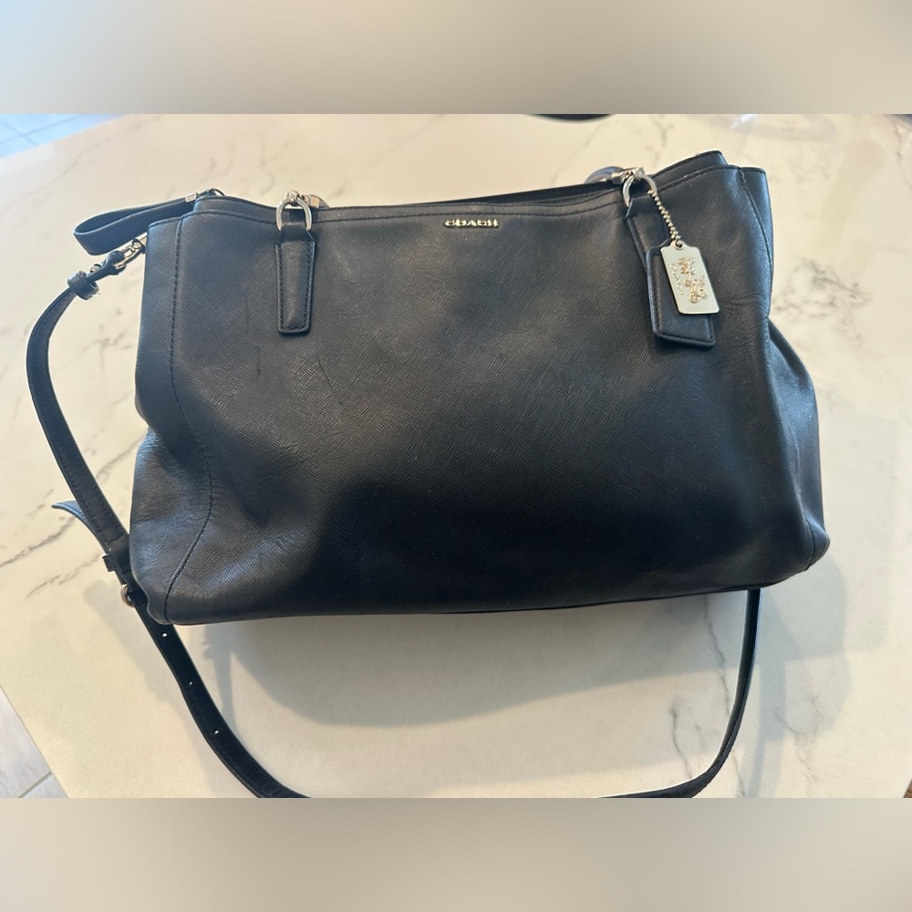 Vintage Coach Satchel Saffiano Black Leather Purse with Silver Hardware.